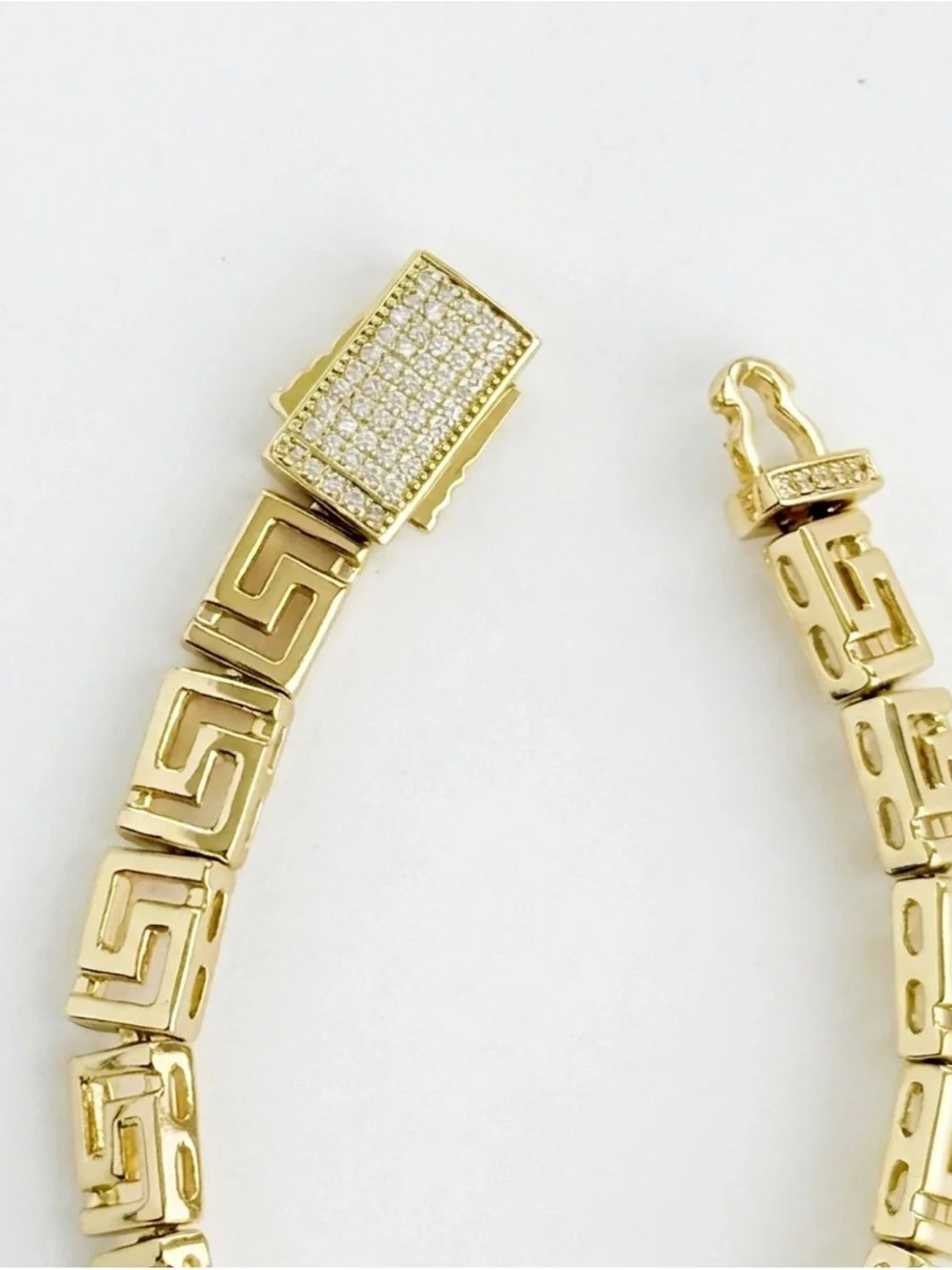 14K Gold Plated Greek Key Link Bracelet with CZ Pavé Box Clasp | Luxury Jewelry